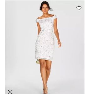 Adrianna Papell - Womens Mesh Embellished Cocktail Dress, Ivory